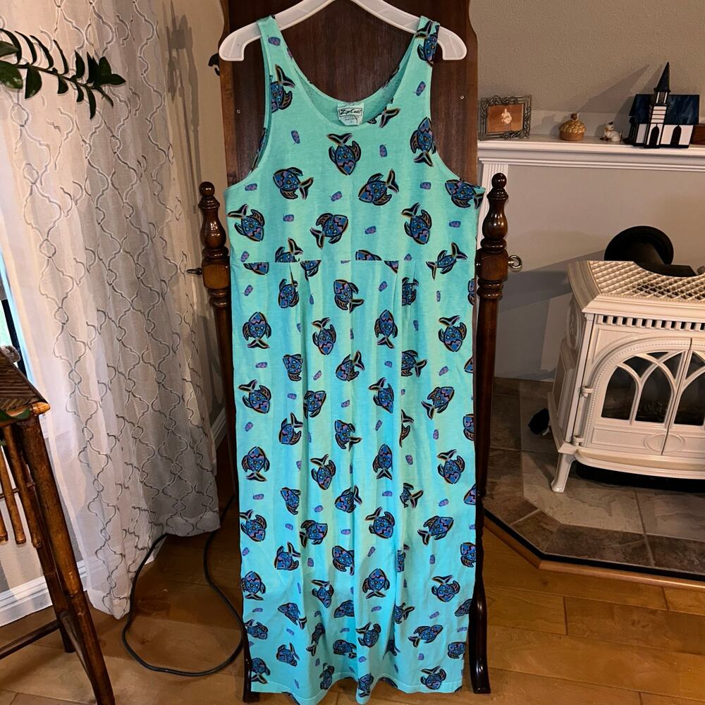 Vintage Zip Code Maxi Dress Womens Large Green Cotton Fish Print sleeveless
